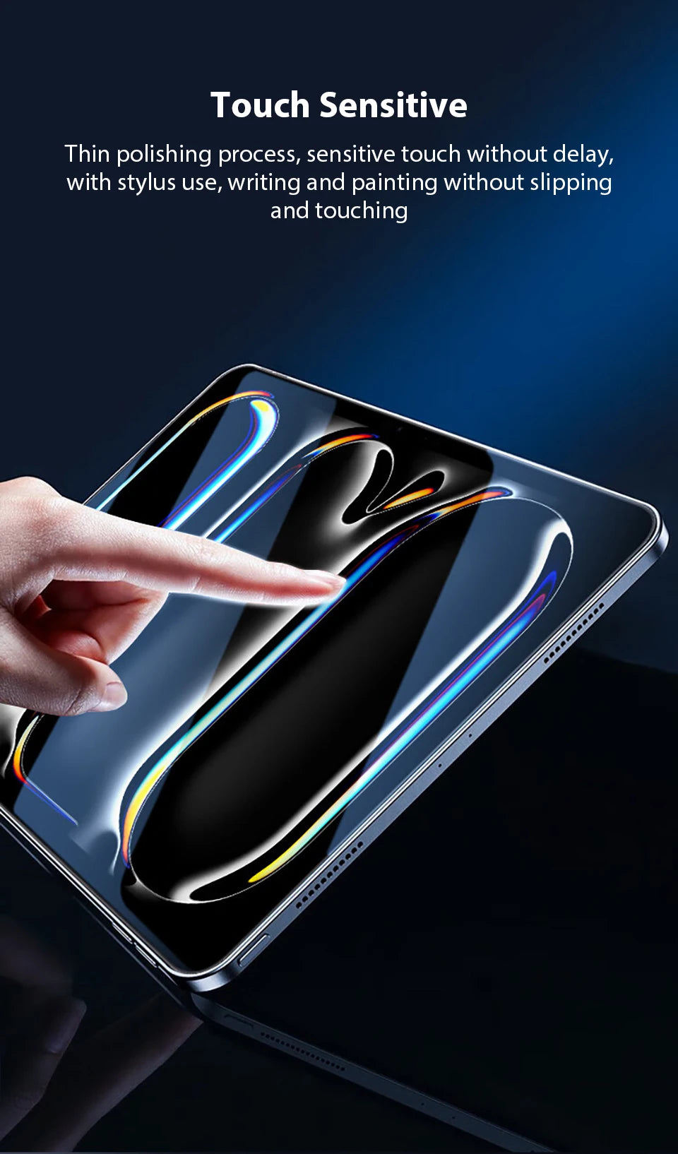A hand touches a smartphone screen displaying a polished glass surface with light trails.