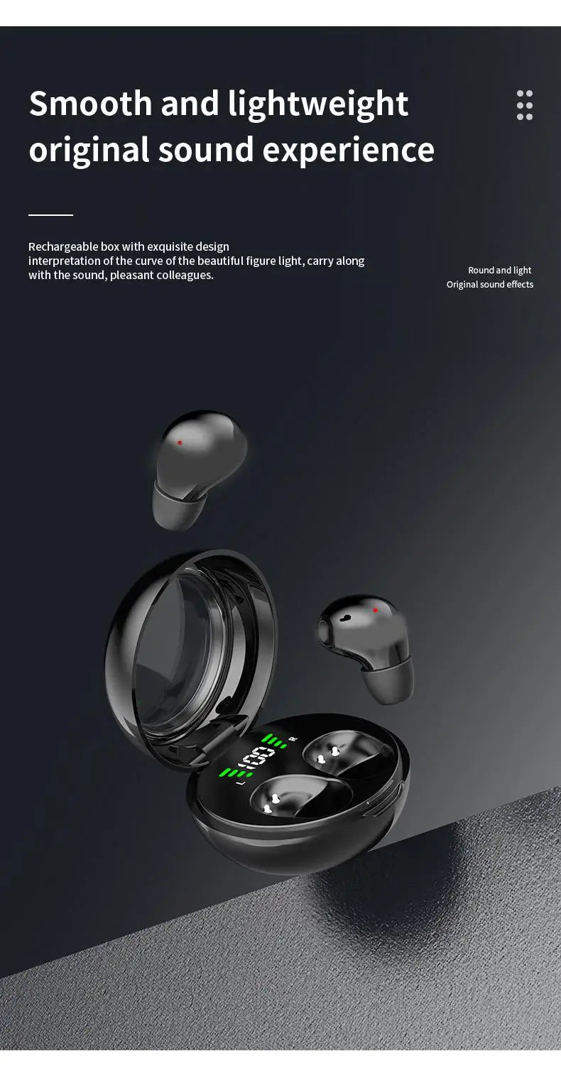 A set of black mini wireless Bluetooth earbuds and a charging box are shown on a dark surface.