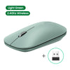 A light green ultra-slim wireless mouse with a black sensor shown next to its disassembled components.
