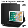 Black Bluetooth keyboard case for an iPad, shown with a keyboard and mouse.