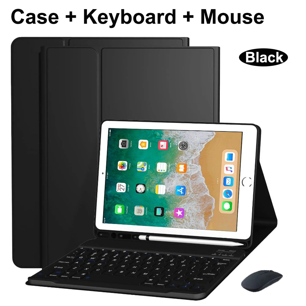 Black Bluetooth keyboard case for an iPad, shown with a keyboard and mouse.