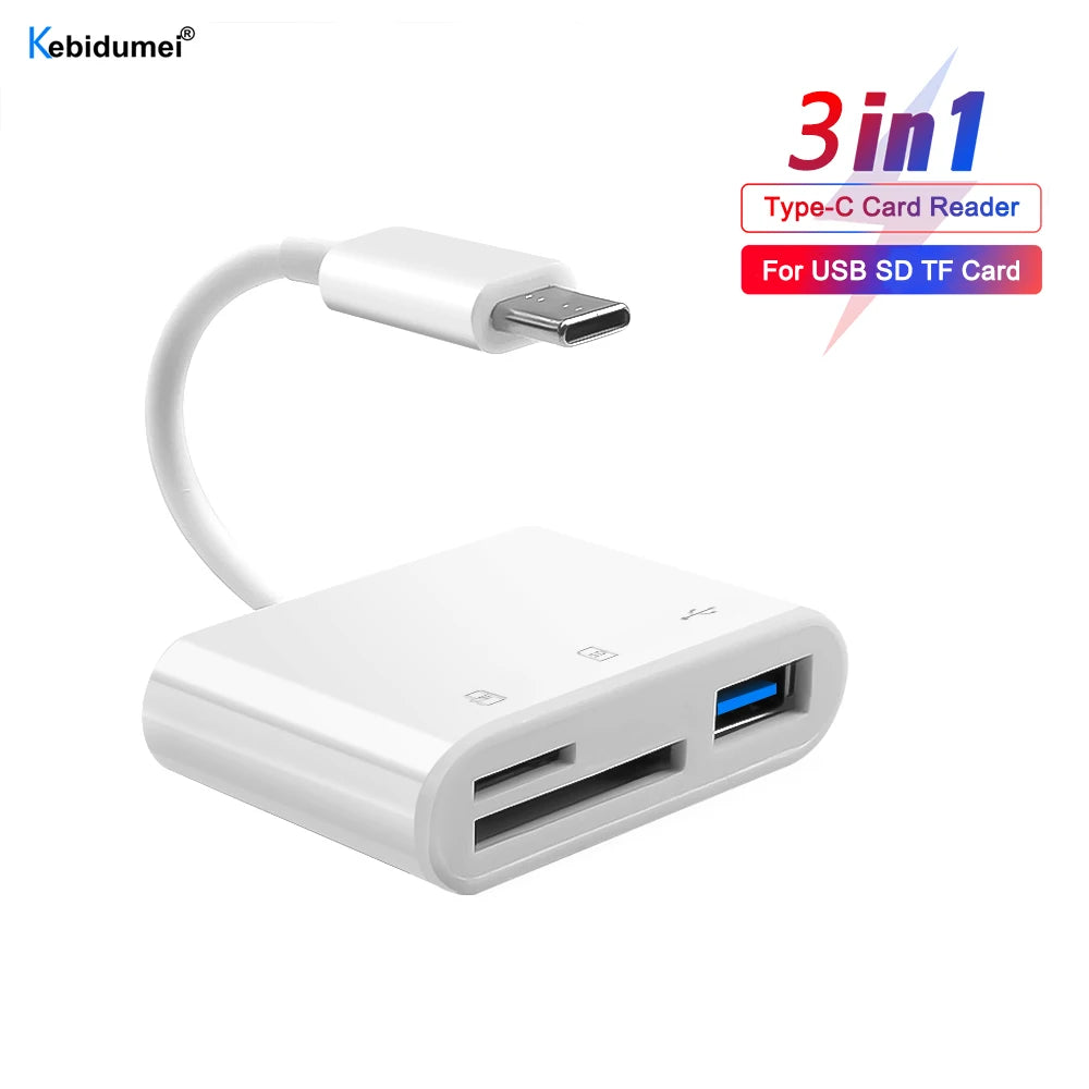 Adaptador de tarjeta Type-C 3 en 1 blanco con cable flexible y ranura para tarjetas USB SD/TF.