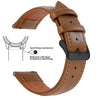 A brown genuine leather watch band featuring quick release spring bars and a slide lever for easy strap attachment.