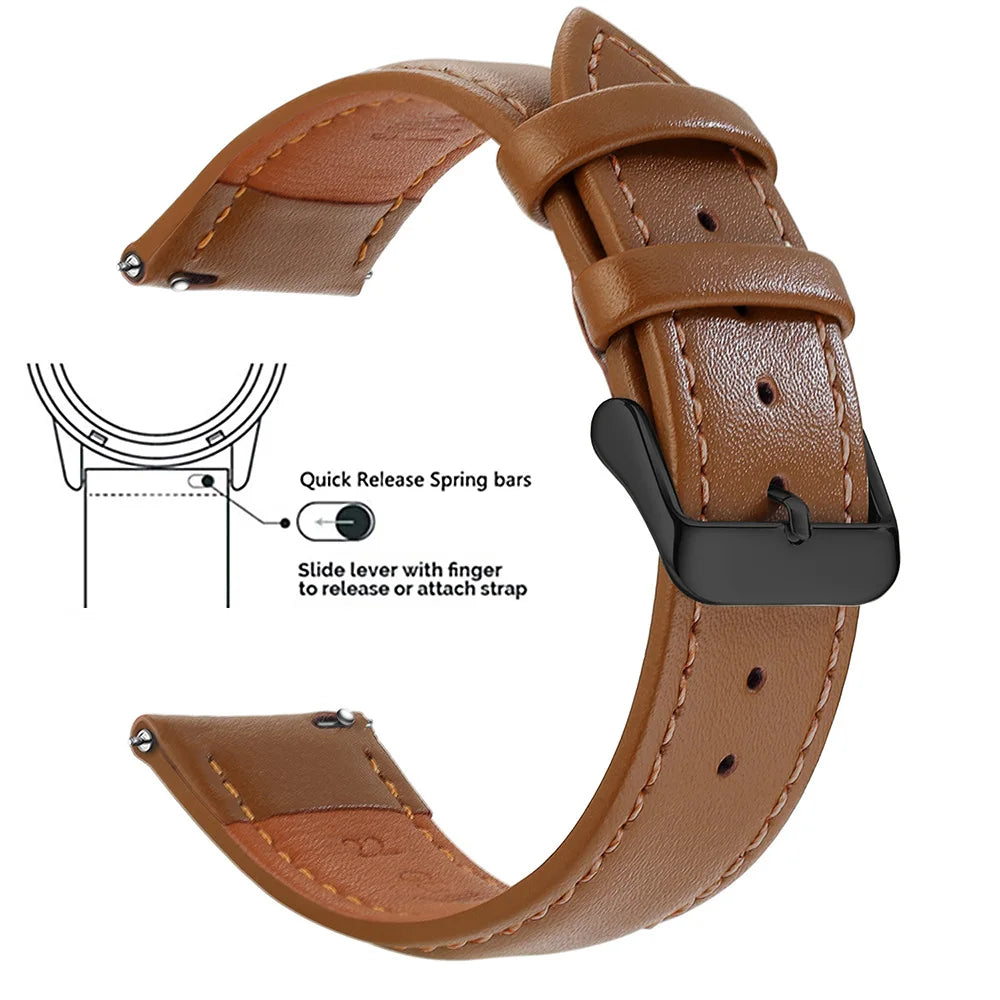 A brown genuine leather watch band featuring quick release spring bars and a slide lever for easy strap attachment.