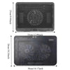 A black adjustable metal laptop cooling pad featuring an integrated fan and LED lighting.