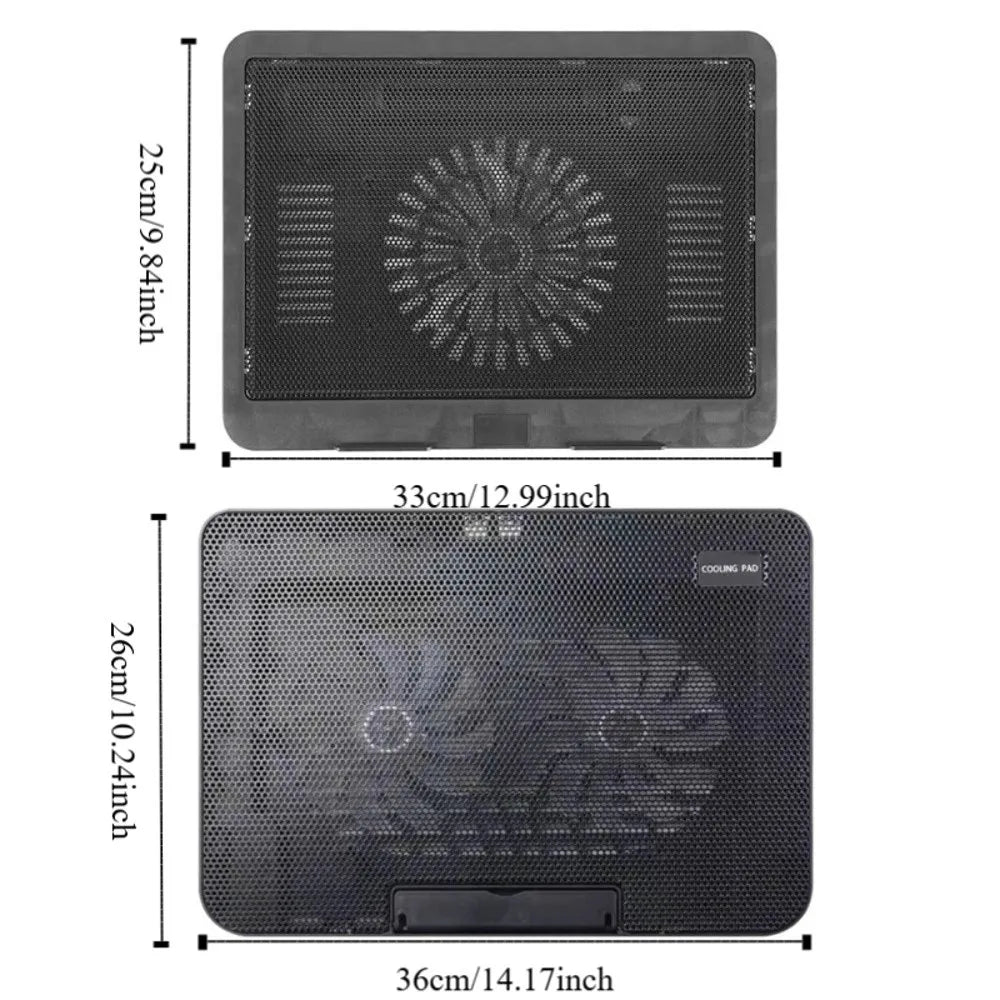 A black adjustable metal laptop cooling pad featuring an integrated fan and LED lighting.
