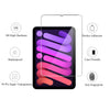 A transparent tempered glass screen protector for an iPad Mini showing various features like hardness, shatterproof protectio