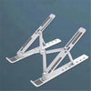 A white foldable adjustable laptop stand with ergonomic height settings shown from an angle.