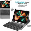 A black detachable wireless keyboard folio case for an iPad, showing the tablet and the separate keyboard.