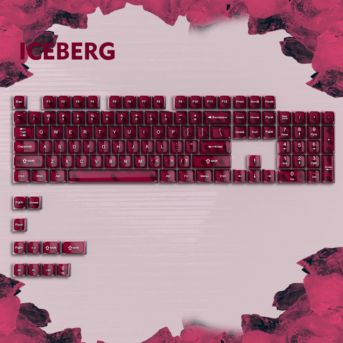 A close-up view of a mechanical keyboard with red keycaps and a pink background, featuring the word ICEBERG.