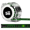 A clear plastic self-locking fluorescent steel tape measure with a 5-meter marking and a green scale visible.