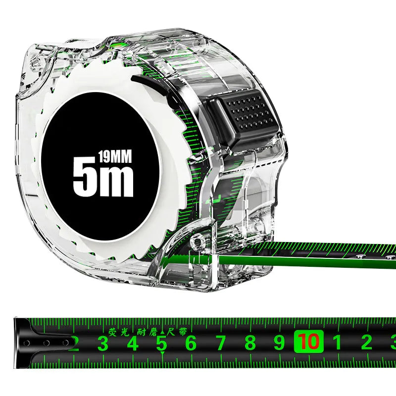A clear plastic self-locking fluorescent steel tape measure with a 5-meter marking and a green scale visible.