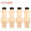 Four bear-shaped reusable water bottles in a light beige color.