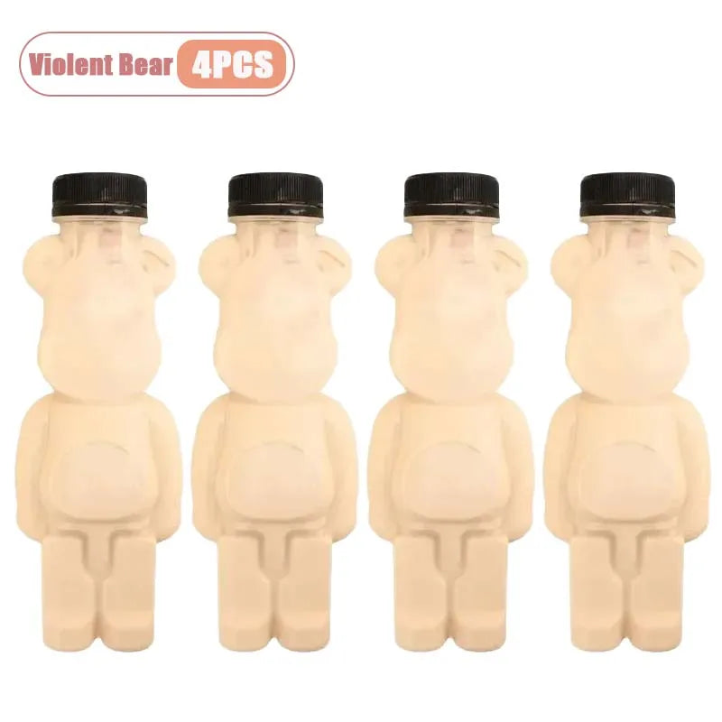 Four bear-shaped reusable water bottles in a light beige color.