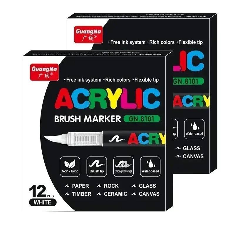 A set of acrylic brush markers in various colors and tips for DIY art projects