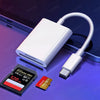 A white Type-C to SD/TF memory card adapter connected to a smartphone and an SD card.