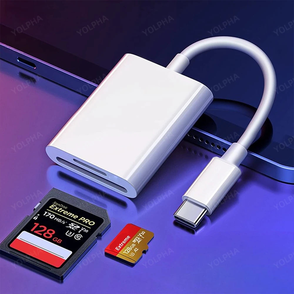 A white Type-C to SD/TF memory card adapter connected to a smartphone and an SD card.