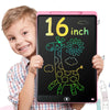 A smiling boy holds a pink 16-inch drawing tablet displaying a neon green giraffe outline.