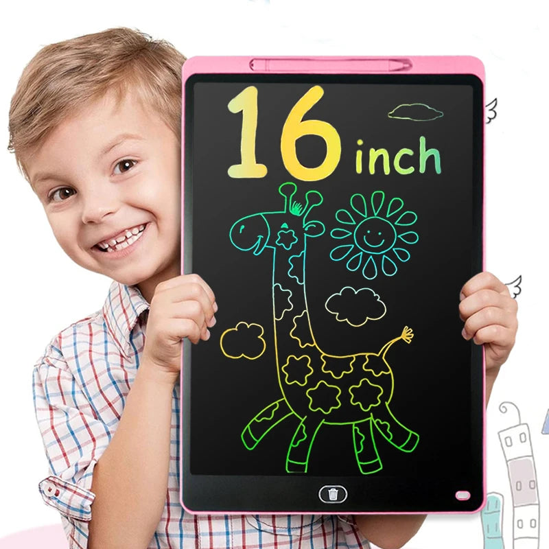 A smiling boy holds a pink 16-inch drawing tablet displaying a neon green giraffe outline.