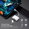 A white USB-C adapter with a cable is shown next to a tablet displaying a vibrant blue and green abstract design.
