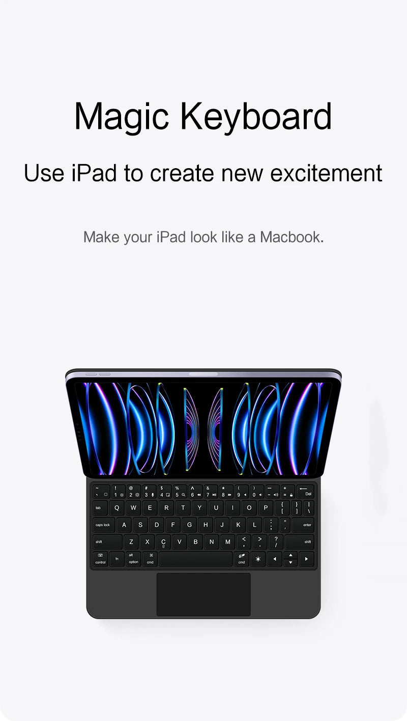 A black Magic Keyboard cover for an iPad, showing the keyboard and the illuminated screen display.