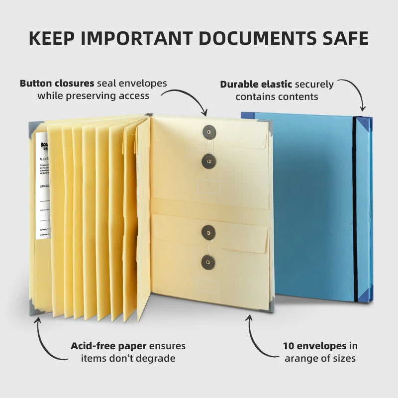 A yellow accordion file folder and a blue folder demonstrating how to keep important documents safe.