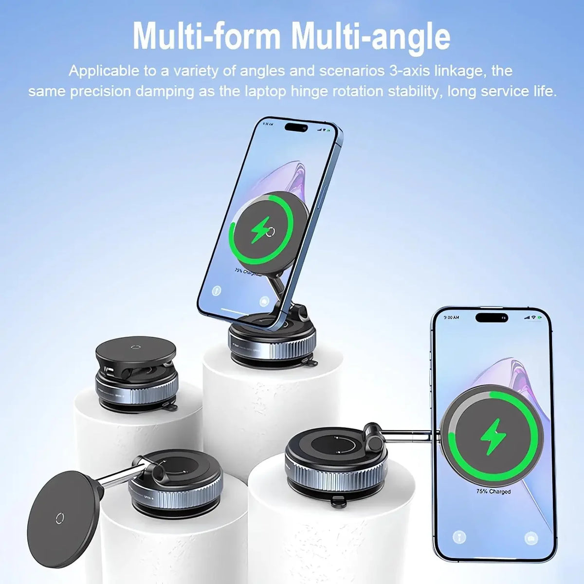 A multi-form multi-angle magnetic wireless phone mount shown with various angles and a smartphone.