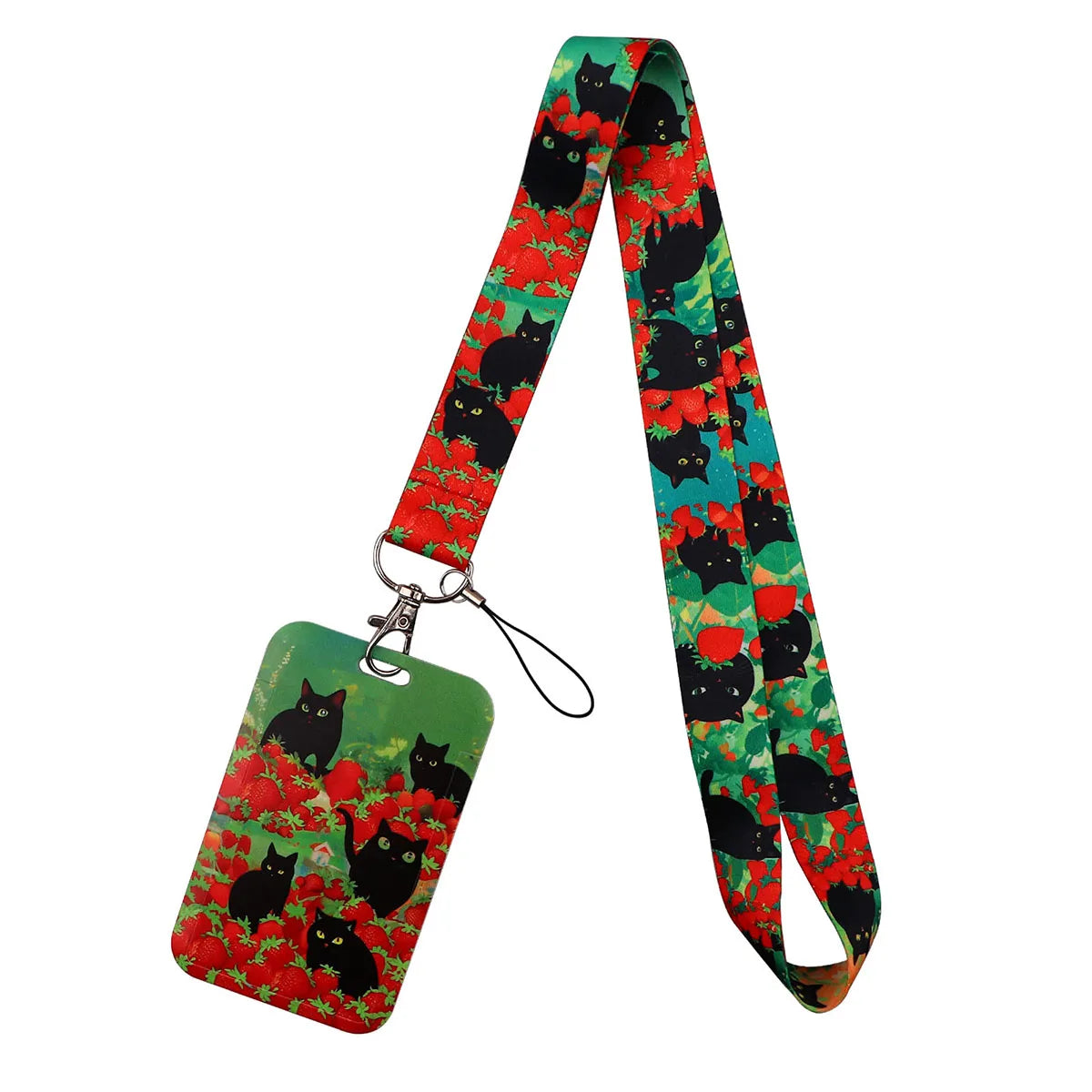 A colorful cartoon cat card holder lanyard featuring a repeating pattern of cats on a red and black striped fabric.