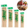 A set of natural bamboo skewers in various lengths, packaged with green labels.