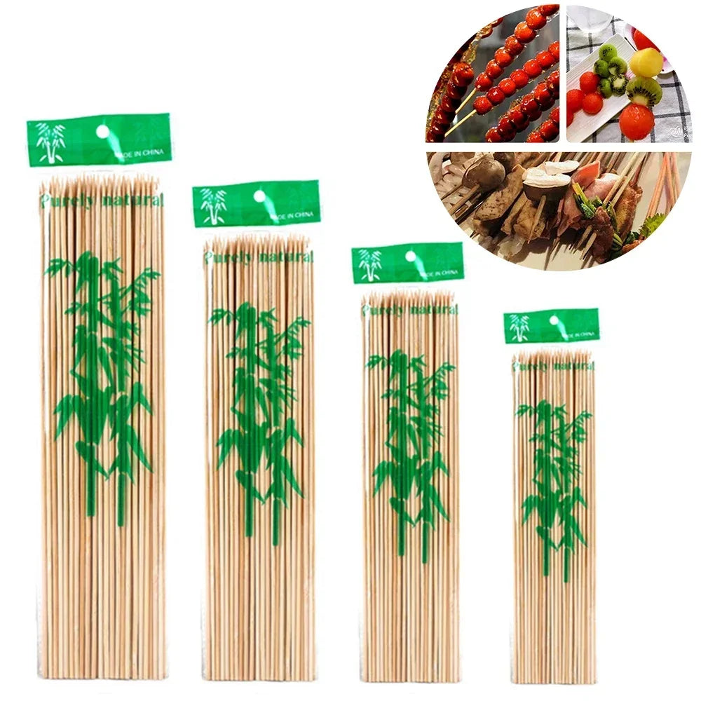 A set of natural bamboo skewers in various lengths, packaged with green labels.