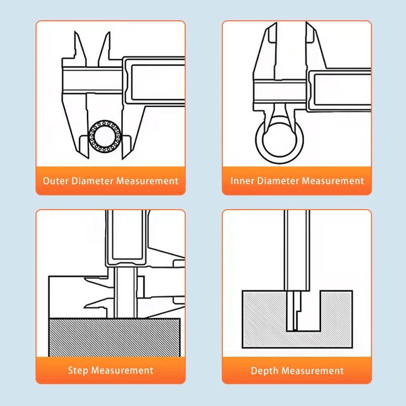 Four diagrams illustrating different measurements using a precision eyebrow measuring caliper: Outer Diameter, Inner Diameter
