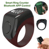 A smart ring counter with a dark red band and black face, shown next to its components.