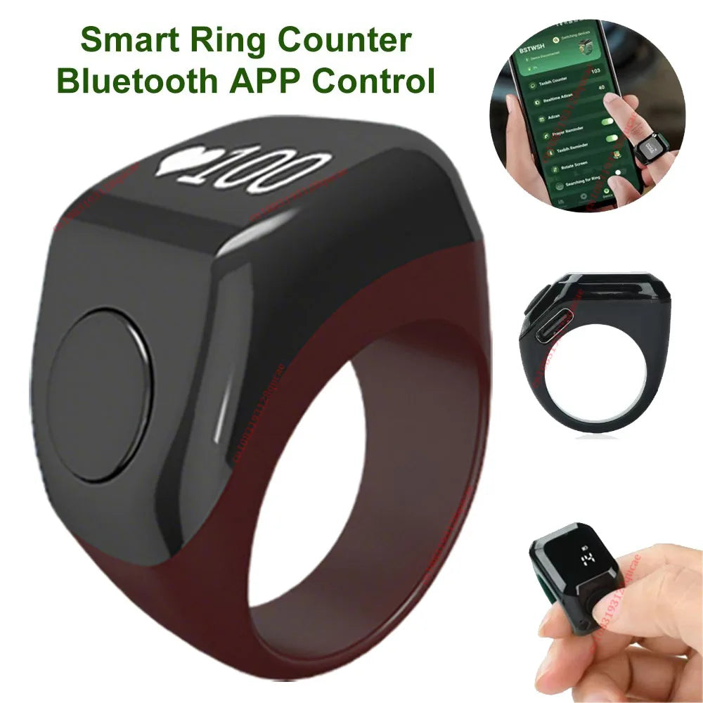 A smart ring counter with a dark red band and black face, shown next to its components.