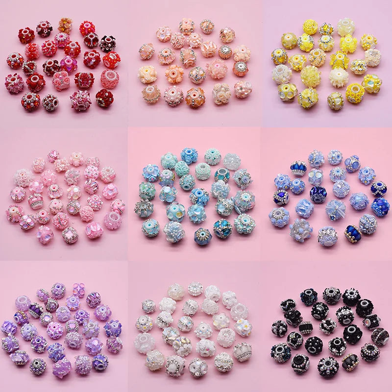 Assortment of colorful handmade acrylic flower beads for jewelry making in various shades and textures.