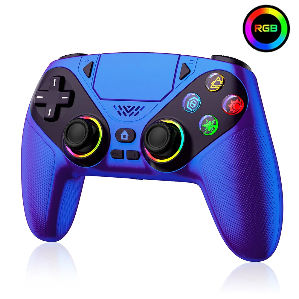 A blue RGB wireless gaming controller for PS5 and PC shown from the top view.