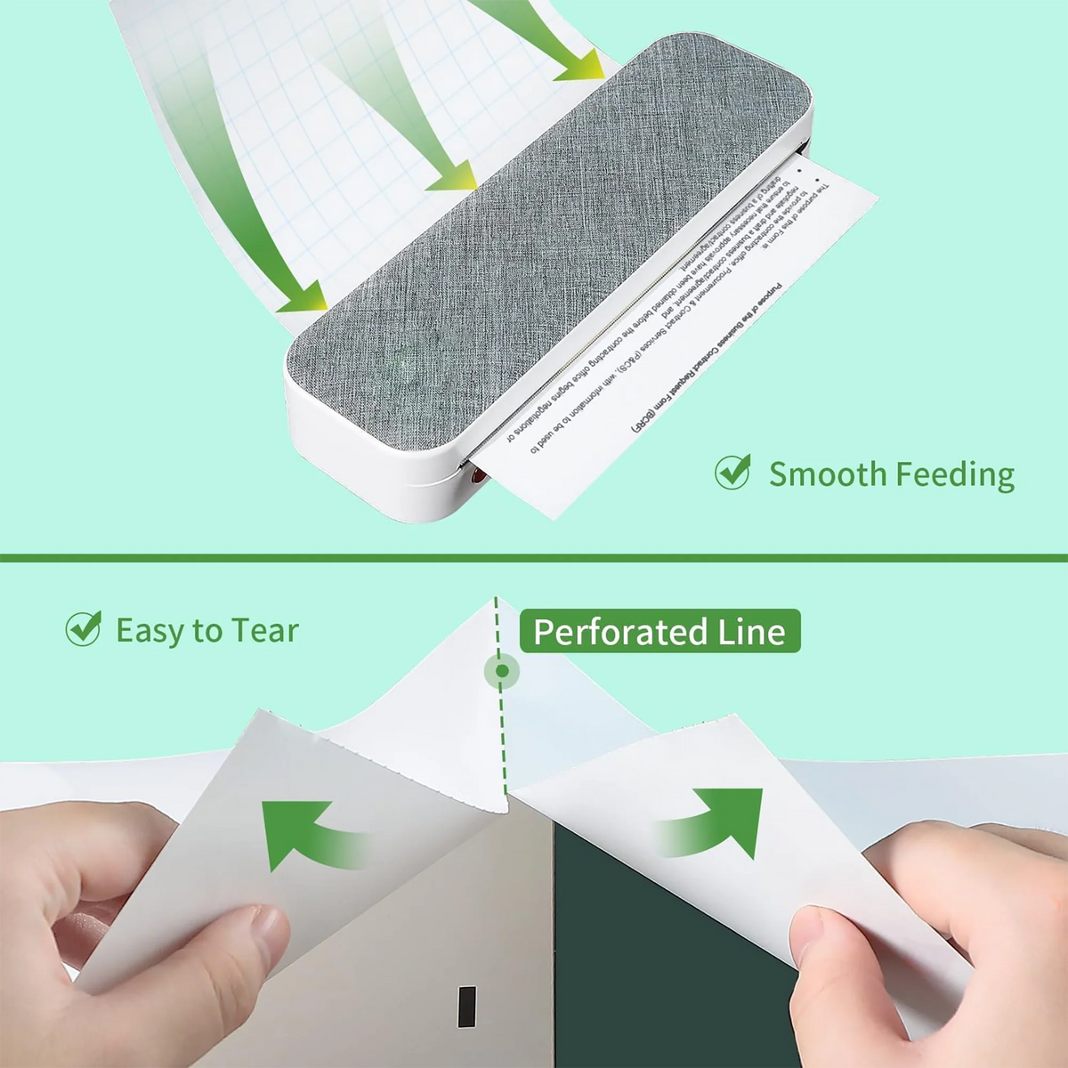 A close-up of thermal paper being torn from a portable printer, showing smooth feeding and a perforated line.