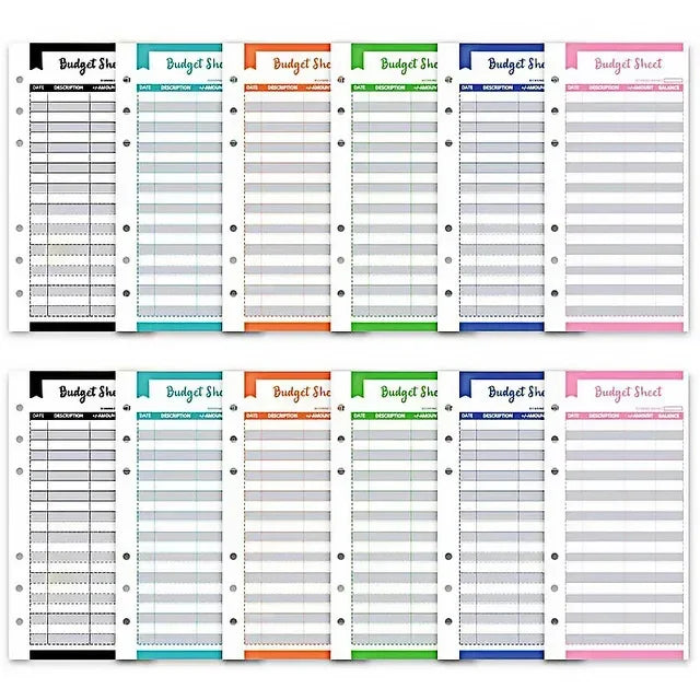 Un juego de hojas de presupuesto en formato de carpeta con líneas de cuadrícula para llevar un seguimiento de las finanzas.