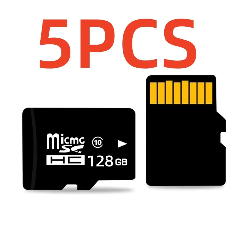 Five high-speed MicroSD memory cards labeled 128GB storage capacity