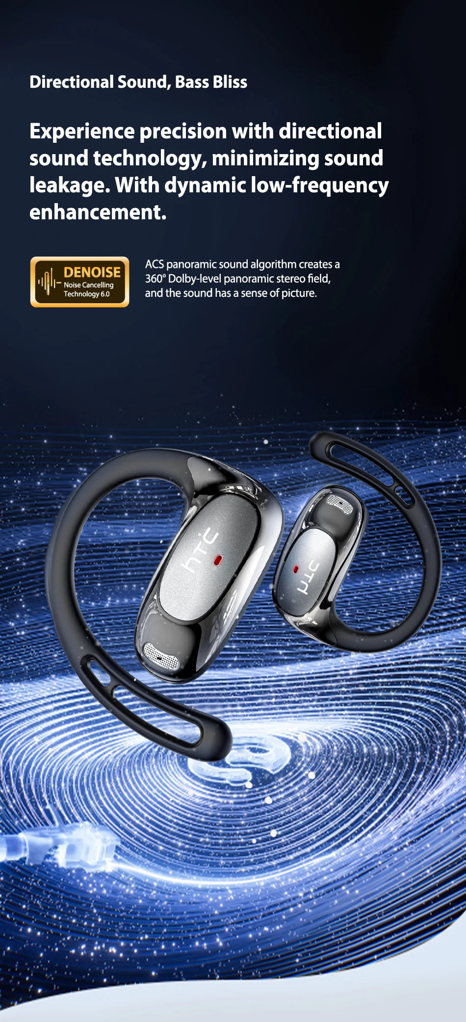A pair of black AI Translation Bluetooth earphones shown against a blue, starry background.