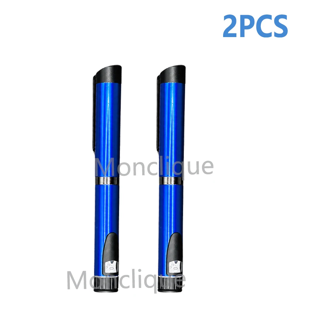 Two blue metal injection pens shown side by side