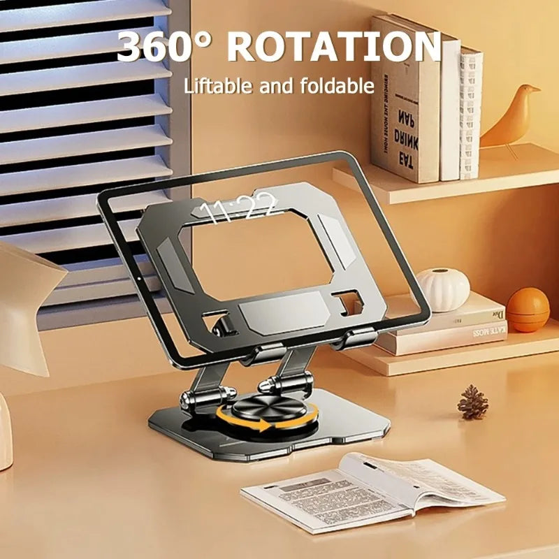 A black adjustable tablet and laptop stand with a digital display, shown on a wooden desk.