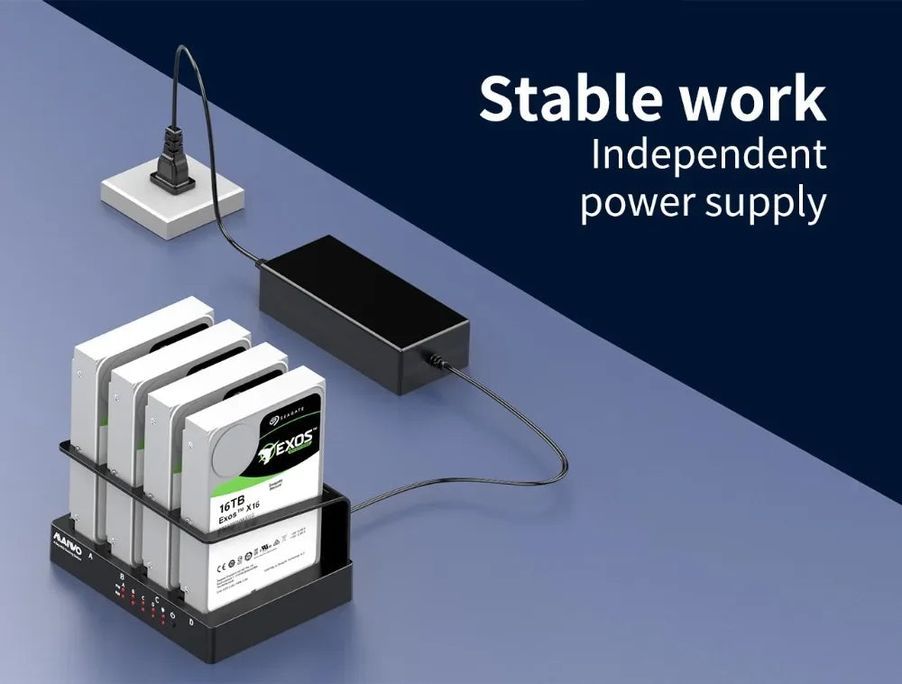 A black external hard drive docking station with four drives is shown connected to a power supply.
