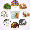 A collection of various dry goods like tea, sugar, cookies, jewelry, spices, nuts, and electronics packaged in holographic re