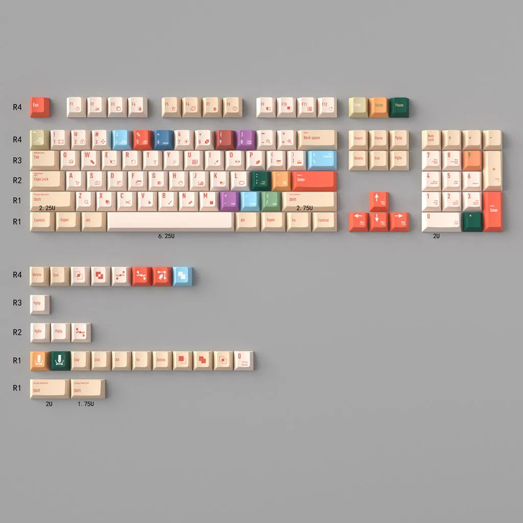 A collection of retro AI illustrator PBT keycaps in cherry profile featuring various colors and layouts.