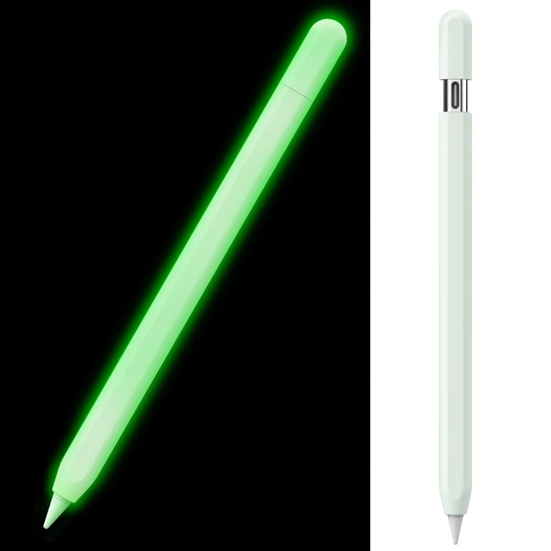 A bright green silicone protective case for a pencil shown in two views.