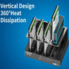 A vertical design 4-bay external hard drive docking station with 360 degree heat dissipation features.
