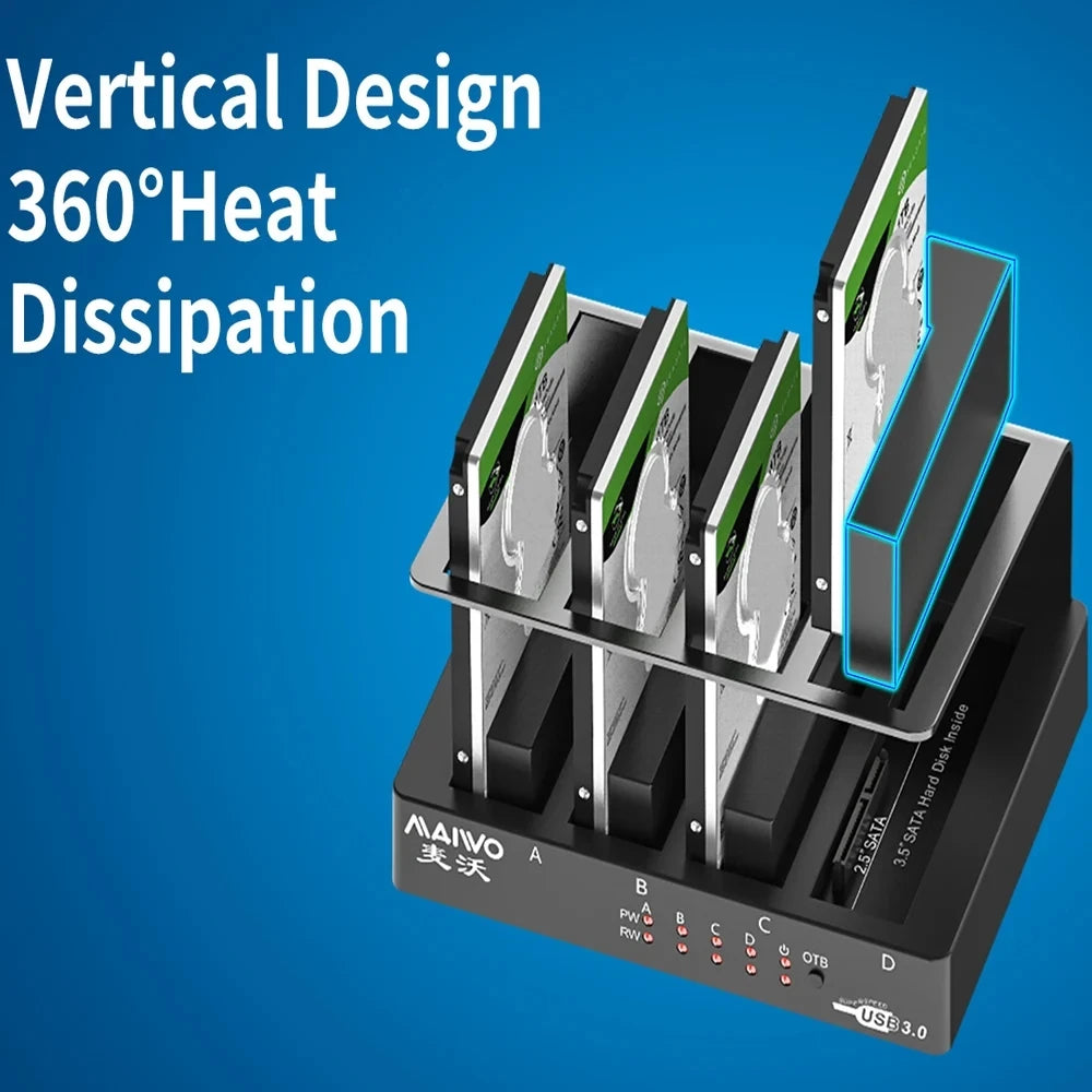 A vertical design 4-bay external hard drive docking station with 360 degree heat dissipation features.