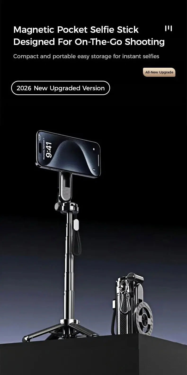 A black magnetic pocket selfie stick is shown standing on a dark surface.