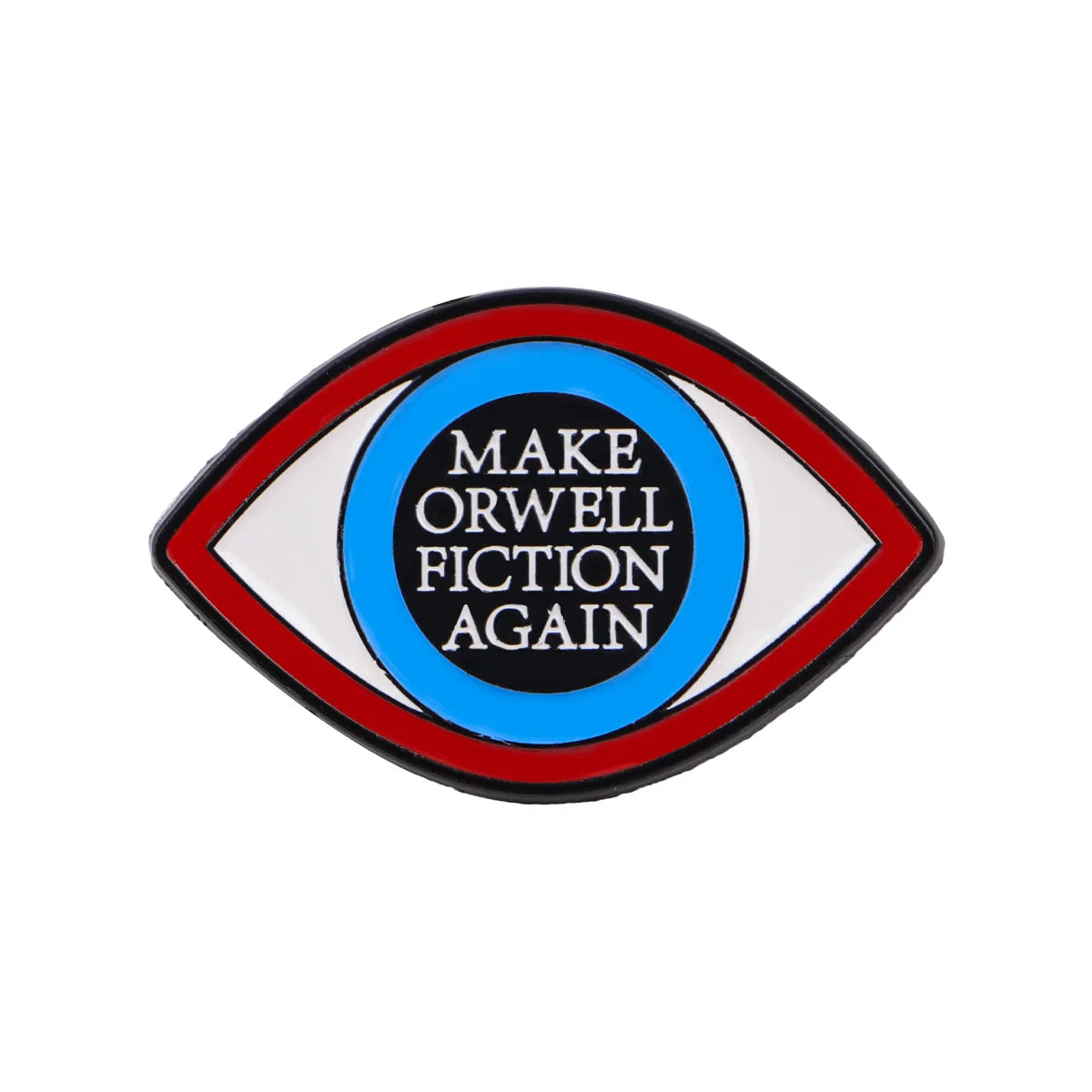 A lapel pin featuring an oval design with concentric circles in black, white, and blue, displaying the text MAKE ORWELL FICTI