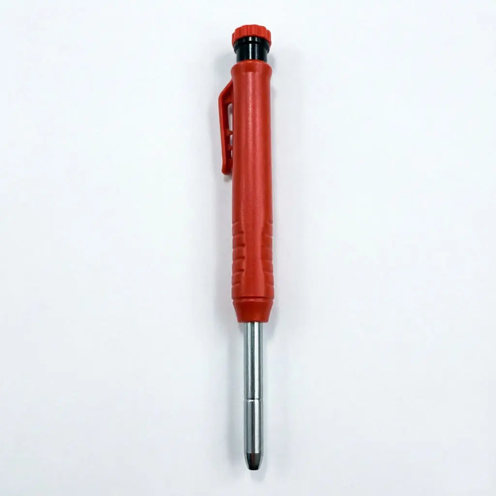 An orange refillable woodworking marker pencil with a black cap and silver lead tip.